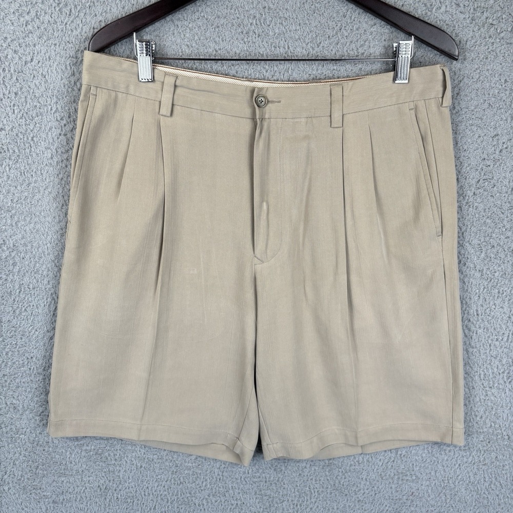 Tommy Bahama‎ Shorts Mens 34 Beige Silk Rayon Blend 10" Inseam Pleated